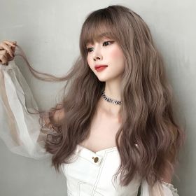 Wig Female Long Hair Slightly Curly Wavy Natural Fluffy Full Top Hair Cover (Option: Soot pink)