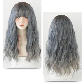 Wig Female Long Hair Slightly Curly Wavy Natural Fluffy Full Top Hair Cover (Option: Fog blue grey)