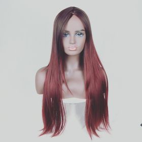 Long straight hair fashion gradient fake hair (Option: Gradient wine red)