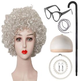 Grandma Curly Hair Gray Grandpa Wig Suit (Option: Silver Curly Hair 8PCs Set)