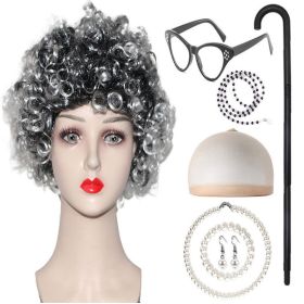 Grandma Curly Hair Gray Grandpa Wig Suit (Option: Black White 8pcs Set)