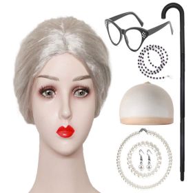 Grandma Curly Hair Gray Grandpa Wig Suit (Option: Silver Bun 8PCs Set)