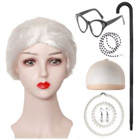 Grandma Curly Hair Gray Grandpa Wig Suit (Option: White Bun 8PCs Set)