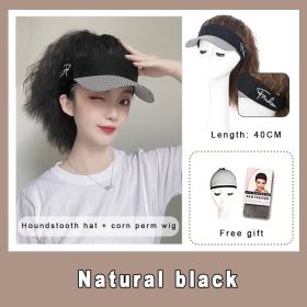 Wig Hat Integrated Women's Fashion Ponytail Wool Fiber Hair Houndstooth Cap Baseball Hat Wig (Option: Natural Black)